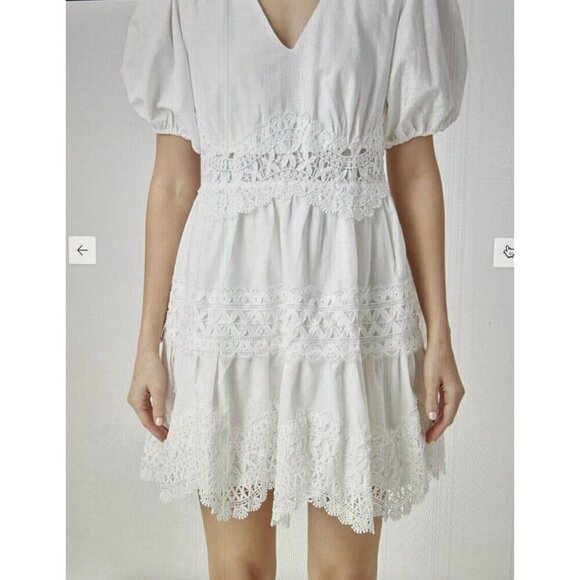 ENDLESS ROSE White Puff Sleeve V-Neck Lace Trim Mini Dress Sz M - Picture 3 of 16